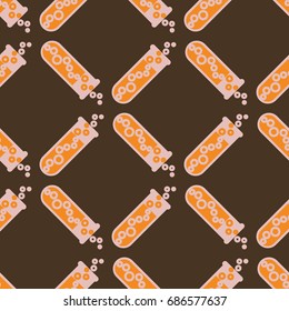 Alchemy seamless pattern background with bottles. Backdrop with cute laboratory bottles. Cartoon chemistry illustration. Magic liquid.