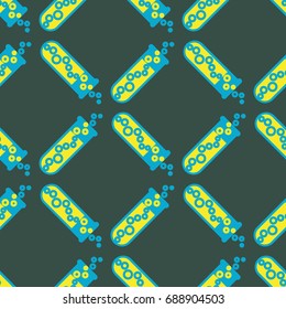 Alchemy seamless pattern background with bottles. Backdrop with cute laboratory bottles. Cartoon chemistry illustration. Magic liquid.