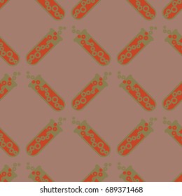 Alchemy seamless pattern background with bottles. Backdrop with cute laboratory bottles. Cartoon chemistry illustration. Magic liquid.