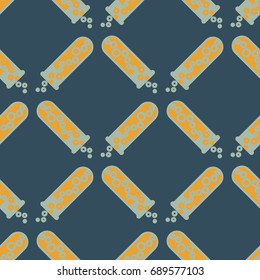 Alchemy seamless pattern background with bottles. Backdrop with cute laboratory bottles. Cartoon chemistry illustration. Magic liquid.