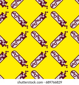 Alchemy seamless pattern background with bottles. Backdrop with cute laboratory bottles. Cartoon chemistry illustration. Magic liquid.