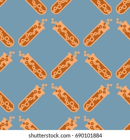 Alchemy seamless pattern background with bottles. Backdrop with cute laboratory bottles. Cartoon chemistry illustration. Magic liquid.