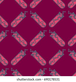 Alchemy seamless pattern background with bottles. Backdrop with cute laboratory bottles. Cartoon chemistry illustration. Magic liquid.