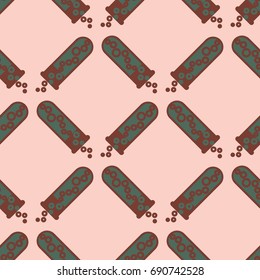 Alchemy seamless pattern background with bottles. Backdrop with cute laboratory bottles. Cartoon chemistry illustration. Magic liquid.