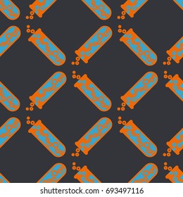 Alchemy seamless pattern background with bottles. Backdrop with cute laboratory bottles. Cartoon chemistry illustration. Magic liquid.