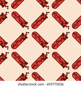 Alchemy seamless pattern background with bottles. Backdrop with cute laboratory bottles. Cartoon chemistry illustration. Magic liquid.