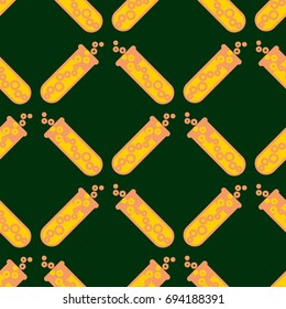 Alchemy seamless pattern background with bottles. Backdrop with cute laboratory bottles. Cartoon chemistry illustration. Magic liquid.