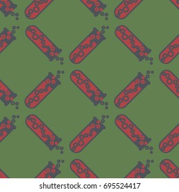 Alchemy seamless pattern background with bottles. Backdrop with cute laboratory bottles. Cartoon chemistry illustration. Magic liquid.