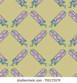 Alchemy seamless pattern background with bottles. Backdrop with cute laboratory bottles. Cartoon chemistry illustration. Magic liquid.