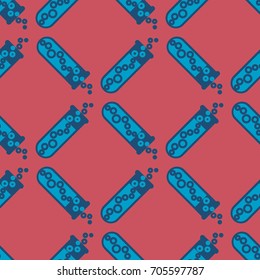 Alchemy seamless pattern background with bottles. Backdrop with cute laboratory bottles. Cartoon chemistry illustration. Magic liquid.