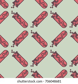 Alchemy seamless pattern background with bottles. Backdrop with cute laboratory bottles. Cartoon chemistry illustration. Magic liquid.
