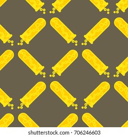 Alchemy seamless pattern background with bottles. Backdrop with cute laboratory bottles. Cartoon chemistry illustration. Magic liquid.