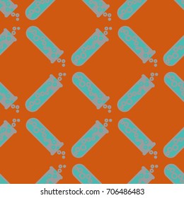 Alchemy seamless pattern background with bottles. Backdrop with cute laboratory bottles. Cartoon chemistry illustration. Magic liquid.