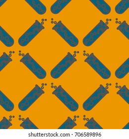 Alchemy seamless pattern background with bottles. Backdrop with cute laboratory bottles. Cartoon chemistry illustration. Magic liquid.