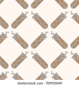Alchemy seamless pattern background with bottles. Backdrop with cute laboratory bottles. Cartoon chemistry illustration. Magic liquid.