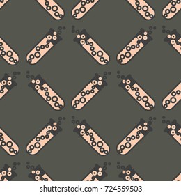 Alchemy seamless pattern background with bottles. Backdrop with cute laboratory bottles. Cartoon chemistry illustration. Magic liquid.