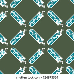 Alchemy seamless pattern background with bottles. Backdrop with cute laboratory bottles. Cartoon chemistry illustration. Magic liquid.
