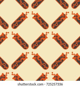 Alchemy seamless pattern background with bottles. Backdrop with cute laboratory bottles. Cartoon chemistry illustration. Magic liquid.