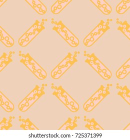 Alchemy seamless pattern background with bottles. Backdrop with cute laboratory bottles. Cartoon chemistry illustration. Magic liquid.