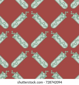 Alchemy seamless pattern background with bottles. Backdrop with cute laboratory bottles. Cartoon chemistry illustration. Magic liquid.