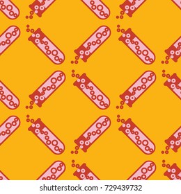 Alchemy seamless pattern background with bottles. Backdrop with cute laboratory bottles. Cartoon chemistry illustration. Magic liquid.