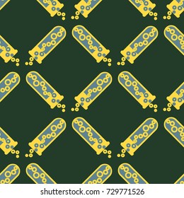 Alchemy seamless pattern background with bottles. Backdrop with cute laboratory bottles. Cartoon chemistry illustration. Magic liquid.