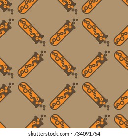 Alchemy seamless pattern background with bottles. Backdrop with cute laboratory bottles. Cartoon chemistry illustration. Magic liquid.