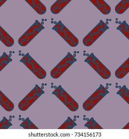 Alchemy seamless pattern background with bottles. Backdrop with cute laboratory bottles. Cartoon chemistry illustration. Magic liquid.