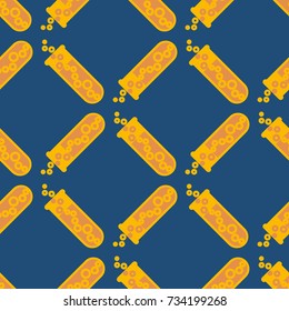 Alchemy seamless pattern background with bottles. Backdrop with cute laboratory bottles. Cartoon chemistry illustration. Magic liquid.