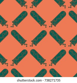 Alchemy seamless pattern background with bottles. Backdrop with cute laboratory bottles. Cartoon chemistry illustration. Magic liquid.