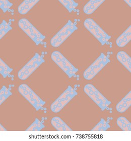 Alchemy seamless pattern background with bottles. Backdrop with cute laboratory bottles. Cartoon chemistry illustration. Magic liquid.