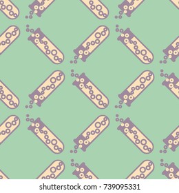 Alchemy seamless pattern background with bottles. Backdrop with cute laboratory bottles. Cartoon chemistry illustration. Magic liquid.