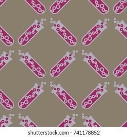 Alchemy seamless pattern background with bottles. Backdrop with cute laboratory bottles. Cartoon chemistry illustration. Magic liquid.