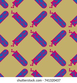 Alchemy seamless pattern background with bottles. Backdrop with cute laboratory bottles. Cartoon chemistry illustration. Magic liquid.