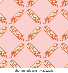 Alchemy seamless pattern background with bottles. Backdrop with cute laboratory bottles. Cartoon chemistry illustration. Magic liquid.