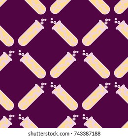 Alchemy seamless pattern background with bottles. Backdrop with cute laboratory bottles. Cartoon chemistry illustration. Magic liquid.