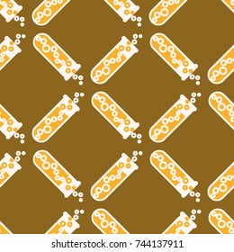 Alchemy seamless pattern background with bottles. Backdrop with cute laboratory bottles. Cartoon chemistry illustration. Magic liquid.