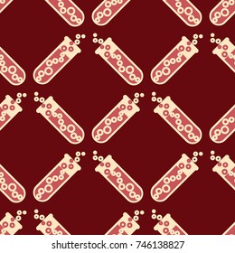 Alchemy seamless pattern background with bottles. Backdrop with cute laboratory bottles. Cartoon chemistry illustration. Magic liquid.