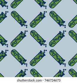 Alchemy seamless pattern background with bottles. Backdrop with cute laboratory bottles. Cartoon chemistry illustration. Magic liquid.
