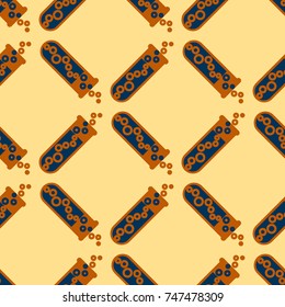 Alchemy seamless pattern background with bottles. Backdrop with cute laboratory bottles. Cartoon chemistry illustration. Magic liquid.