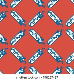 Alchemy seamless pattern background with bottles. Backdrop with cute laboratory bottles. Cartoon chemistry illustration. Magic liquid.