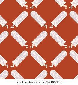 Alchemy seamless pattern background with bottles. Backdrop with cute laboratory bottles. Cartoon chemistry illustration. Magic liquid.