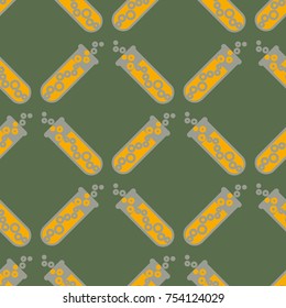 Alchemy seamless pattern background with bottles. Backdrop with cute laboratory bottles. Cartoon chemistry illustration. Magic liquid.