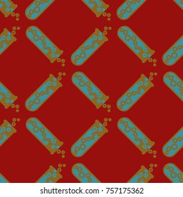 Alchemy seamless pattern background with bottles. Backdrop with cute laboratory bottles. Cartoon chemistry illustration. Magic liquid.