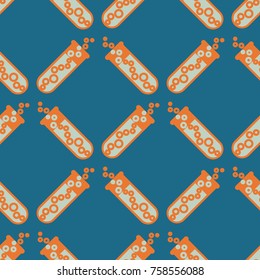 Alchemy seamless pattern background with bottles. Backdrop with cute laboratory bottles. Cartoon chemistry illustration. Magic liquid.