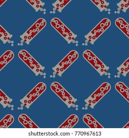 Alchemy seamless pattern background with bottles. Backdrop with cute laboratory bottles. Cartoon chemistry illustration. Magic liquid.