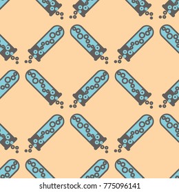 Alchemy seamless pattern background with bottles. Backdrop with cute laboratory bottles. Cartoon chemistry illustration. Magic liquid.