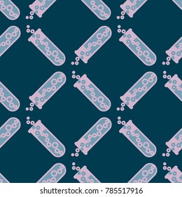 Alchemy seamless pattern background with bottles. Backdrop with cute laboratory bottles. Cartoon chemistry illustration. Magic liquid.