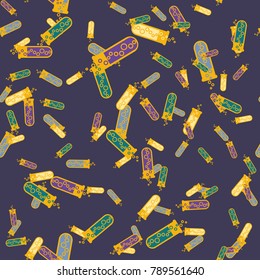 Alchemy seamless pattern background with bottles. Backdrop with cute laboratory bottles. Cartoon chemistry illustration. Magic liquid.