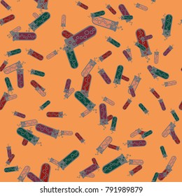 Alchemy seamless pattern background with bottles. Backdrop with cute laboratory bottles. Cartoon chemistry illustration. Magic liquid.
